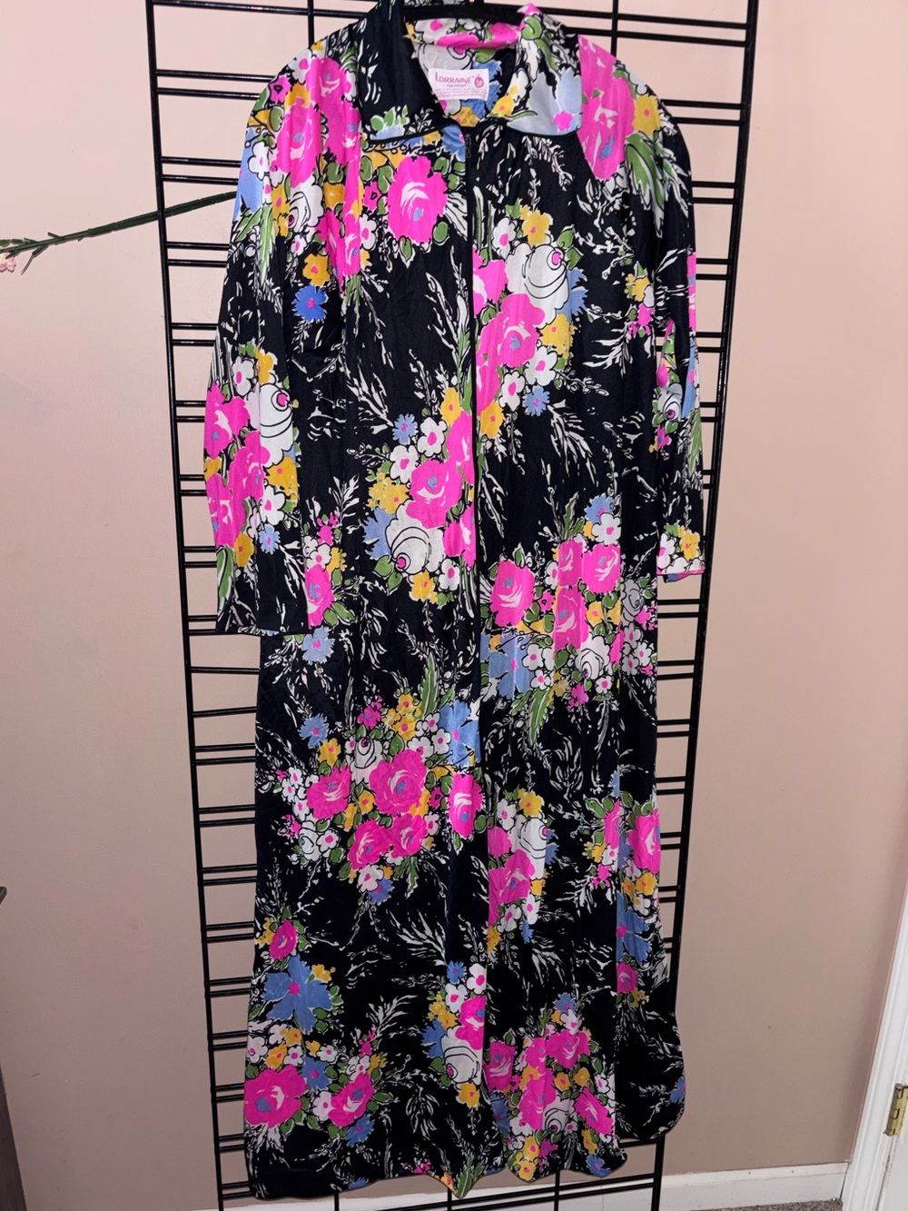 Vintage Black Floral Maxi Skirt with Bright Pink Accents